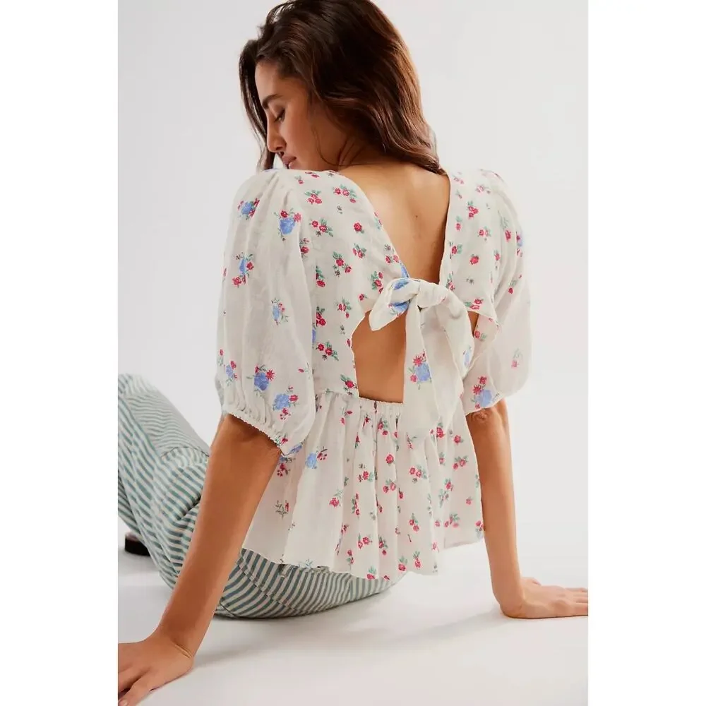 Free People Dainty Chloe Printed Top Floral XL Cottage Bow Gauze Shabby Chic
